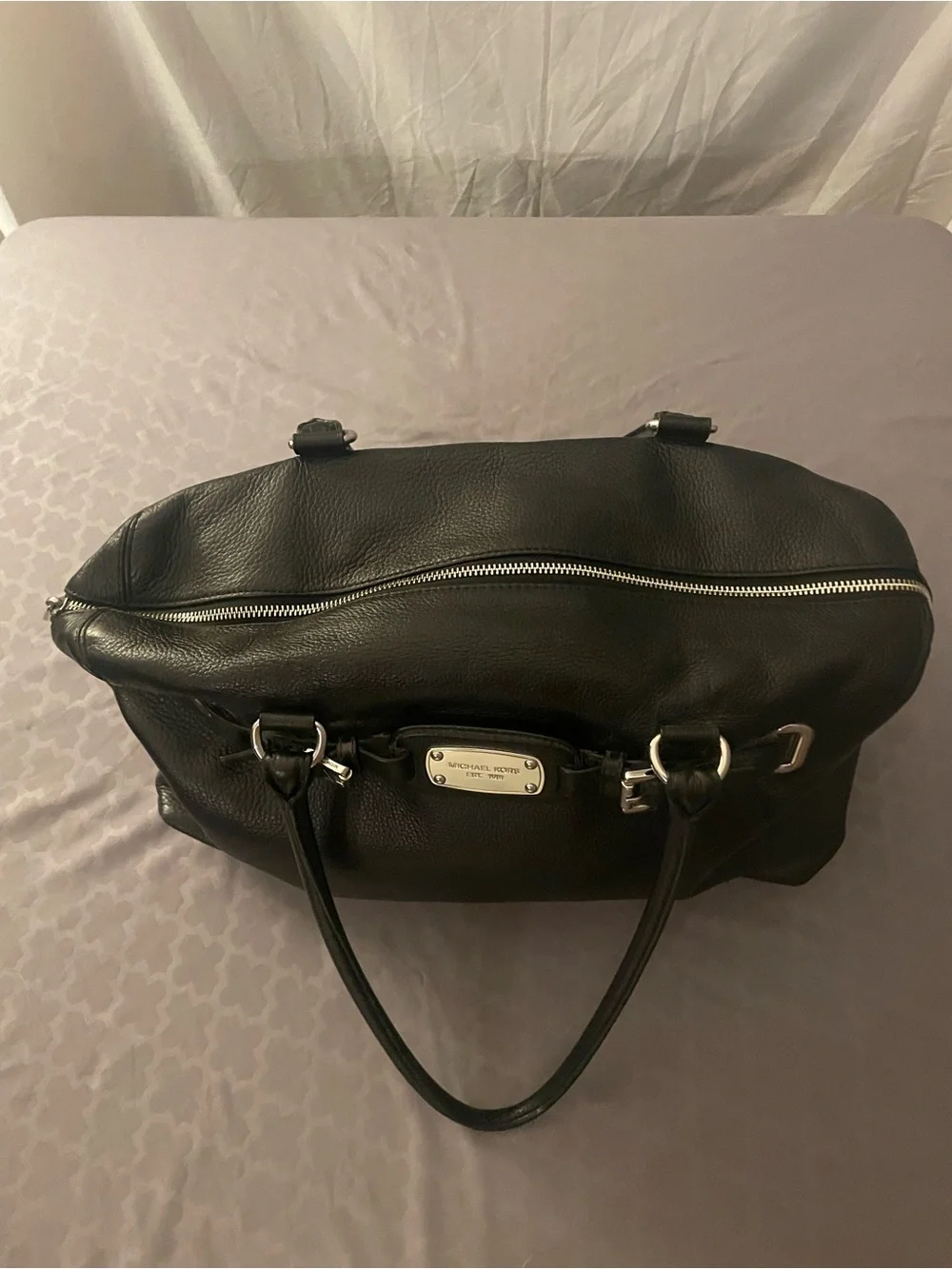 Michael Kors Hamilton XL Weekender Black Pebbled Leather Duffel Silver Hardware